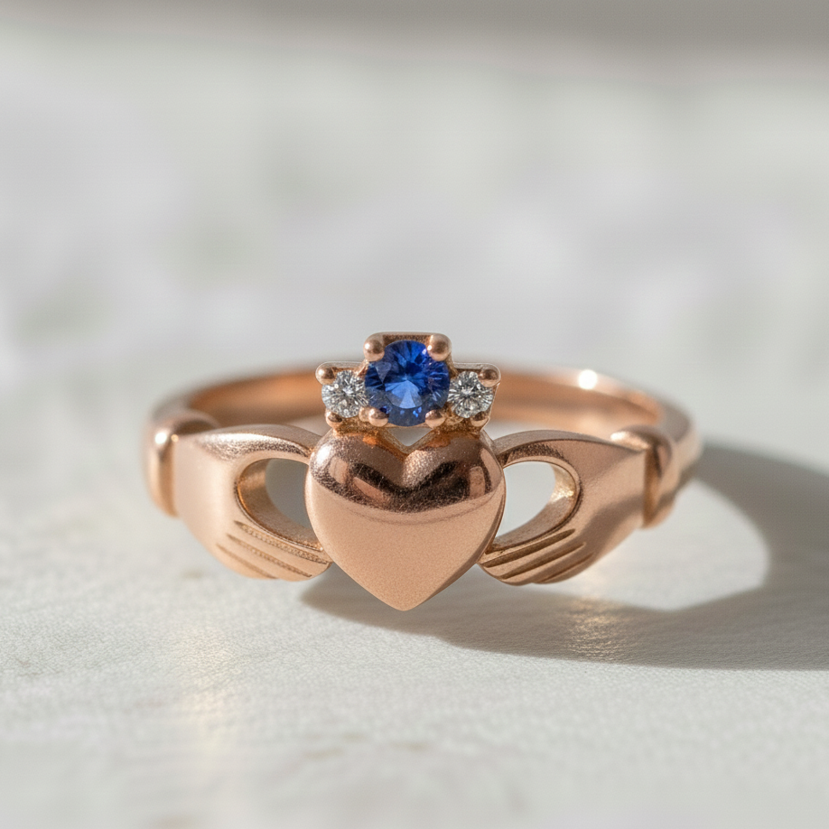 claddagh ring sapphire and diamond rose gold