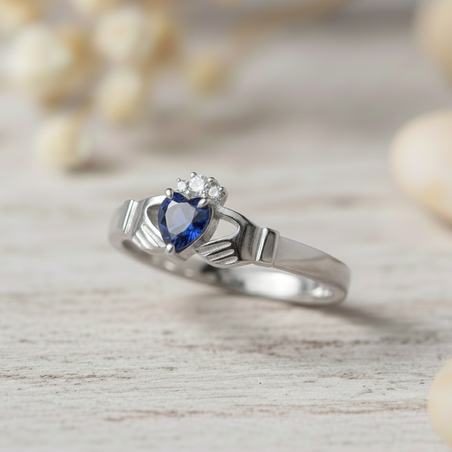 claddagh ring sapphire and diamond white gold