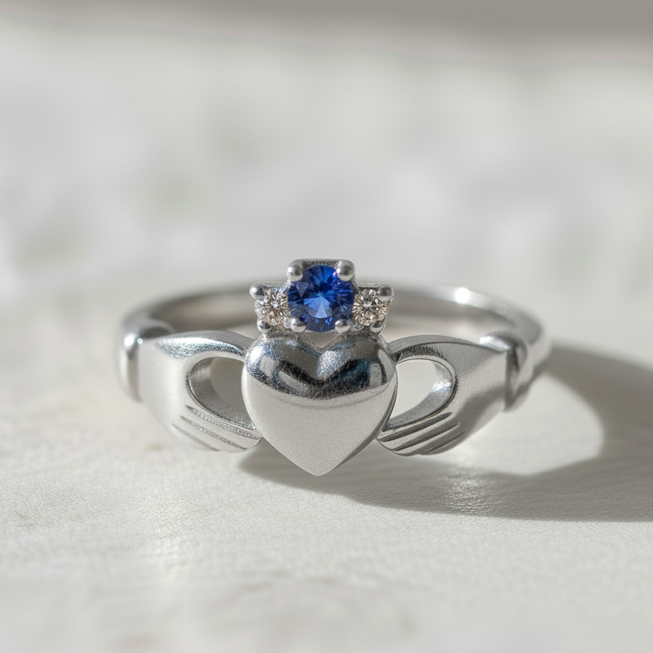 claddagh ring sapphire and diamond white gold