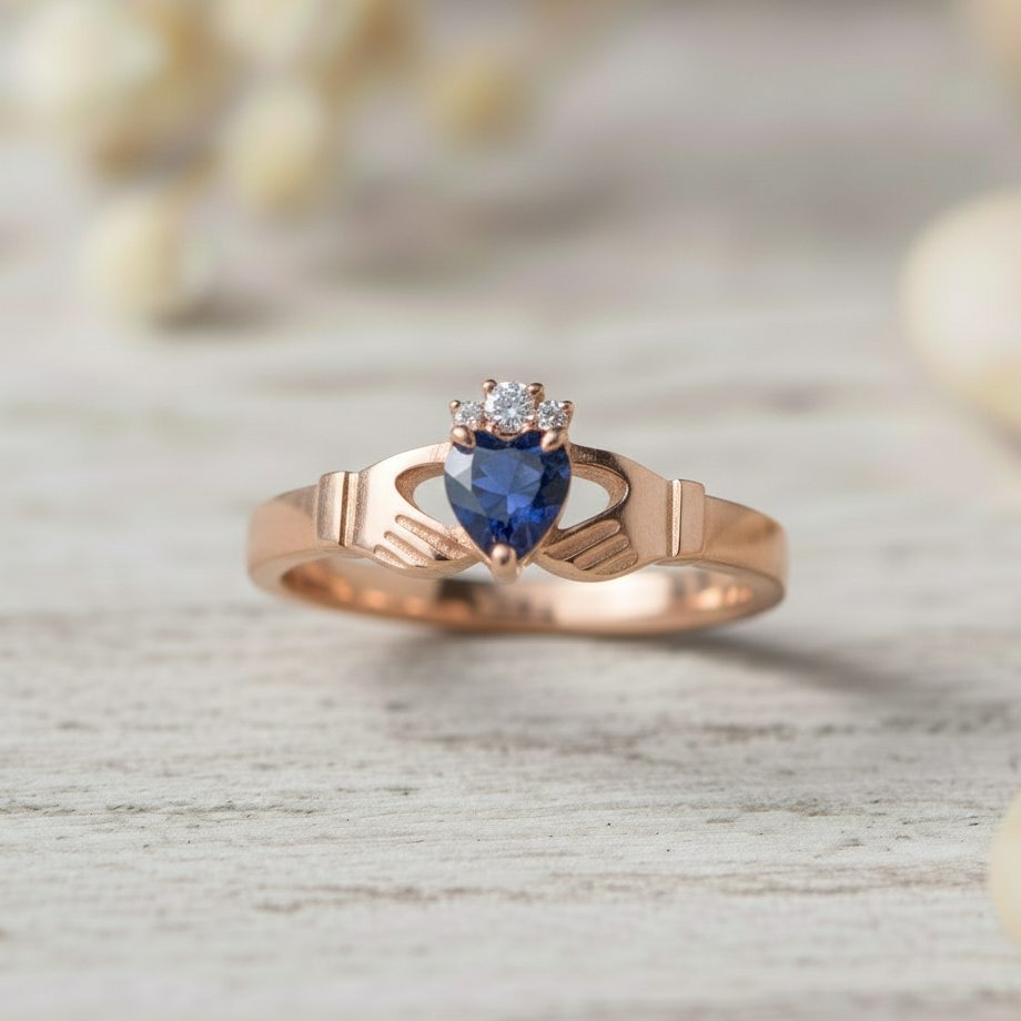 claddagh ring sapphire and diamond rose gold