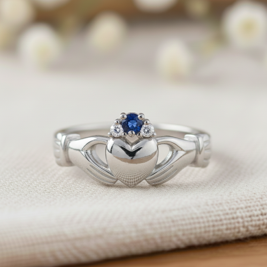 claddagh ring sapphire white gold