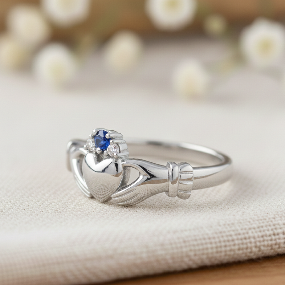 claddagh ring sapphire white gold
