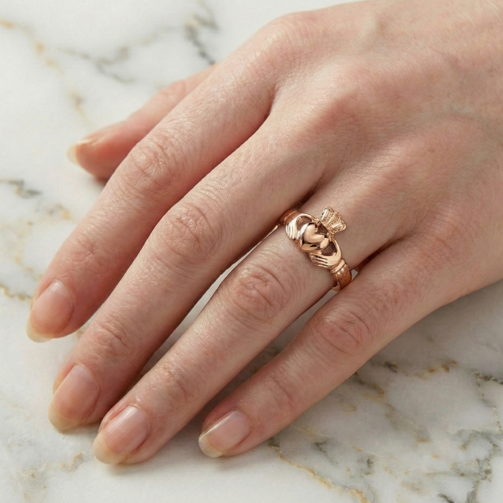 rose gold claddagh ring on hand. 
