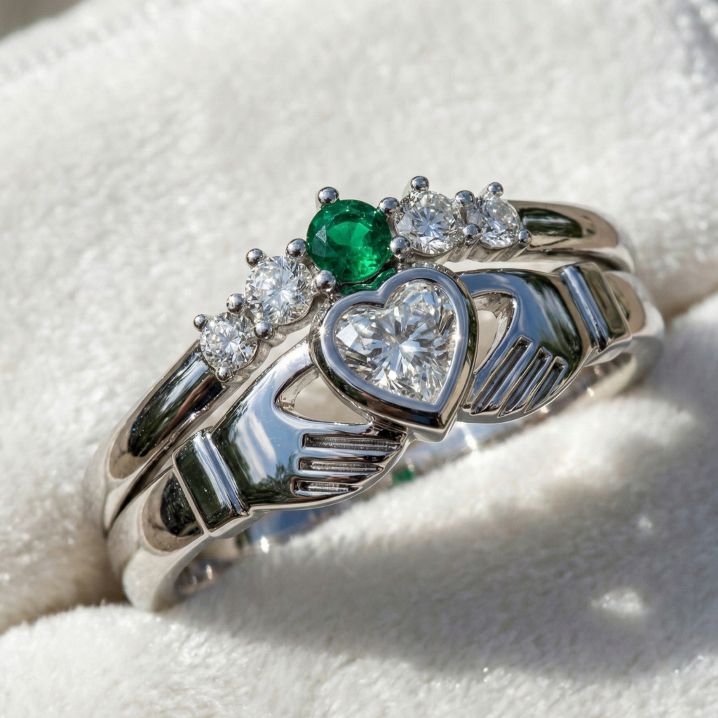 White gold Claddagh ring with heart design and emerald stone on a white background