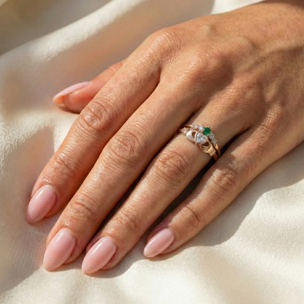 Hand wearing a claddagh ring with a green gemstone on a beige fabric background