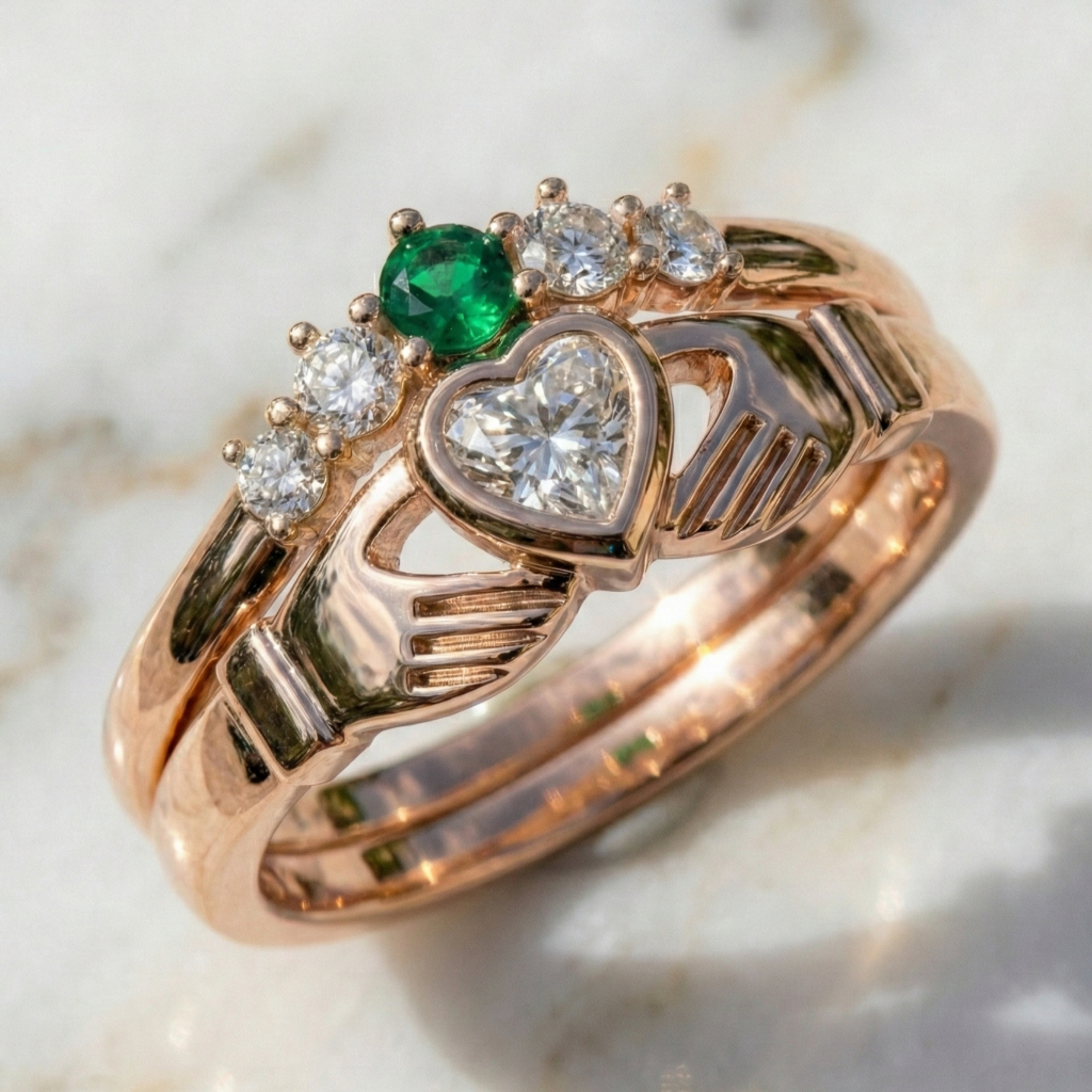 Rose gold cladadgh ring with heart design, emerald, and diamonds on a marble background