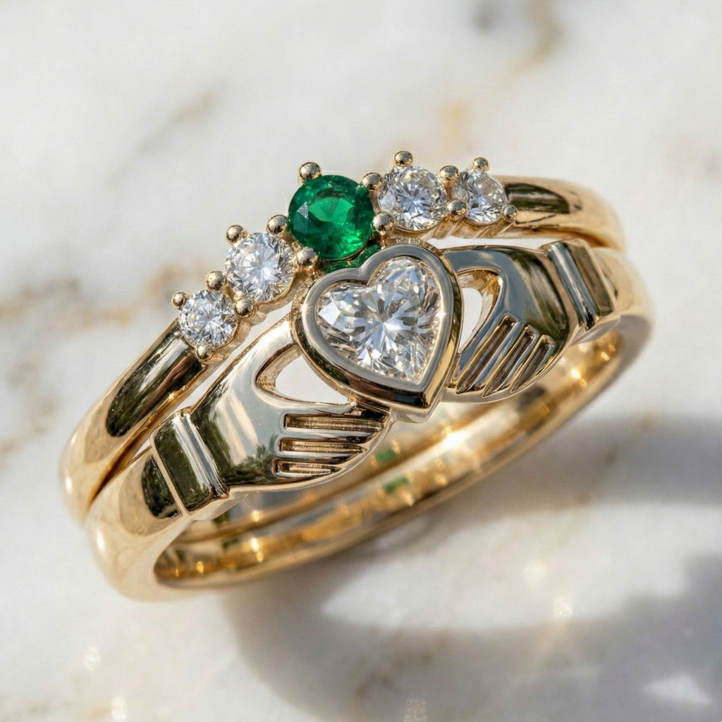 Gold claddagh ring with heart-shaped diamond and emerald on a marble background