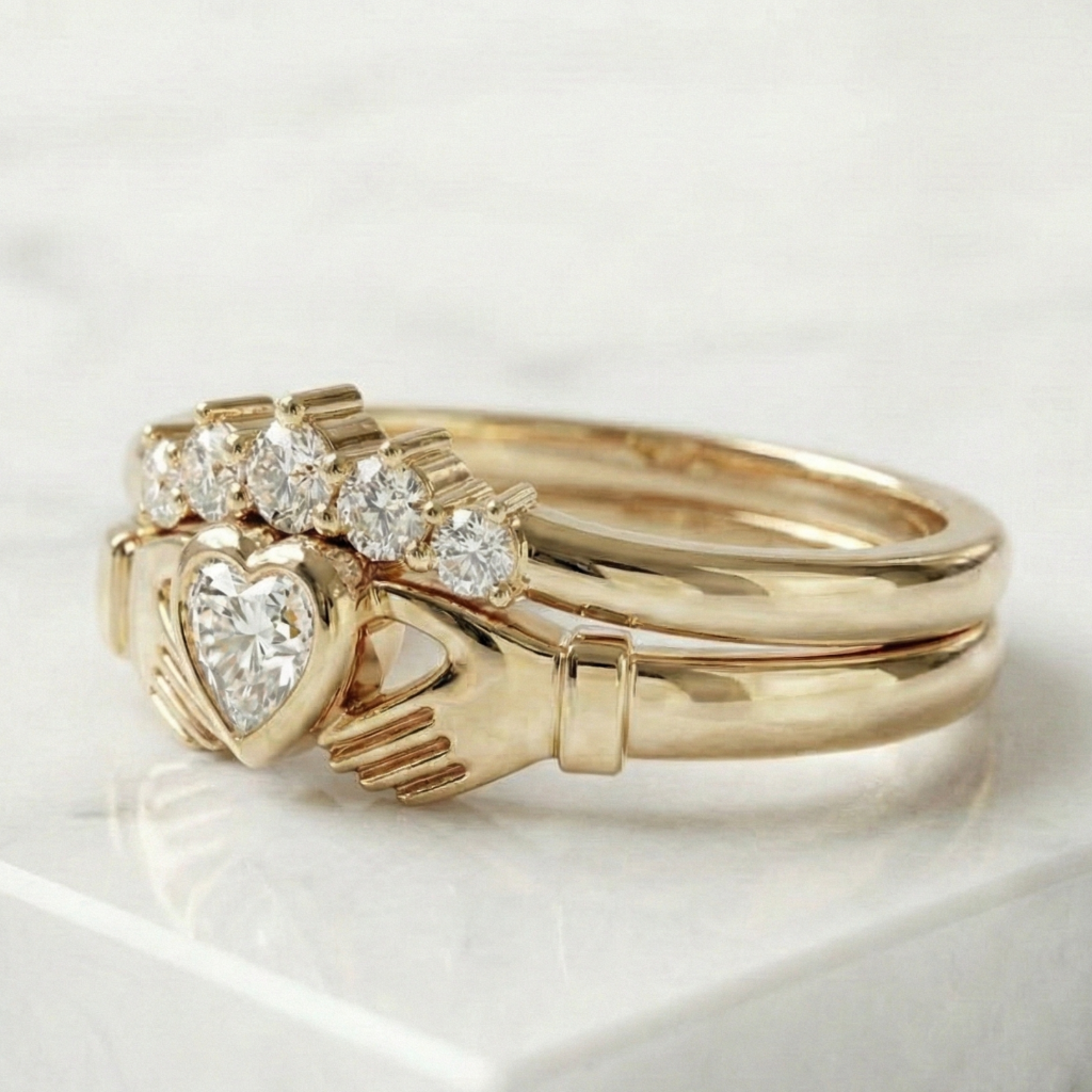 Gold claddagh ring with heart and hand design on a white background
