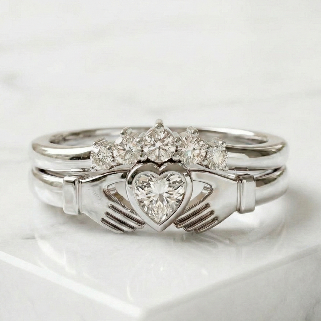 white gold ring with heart design and embedded diamonds on a white background
