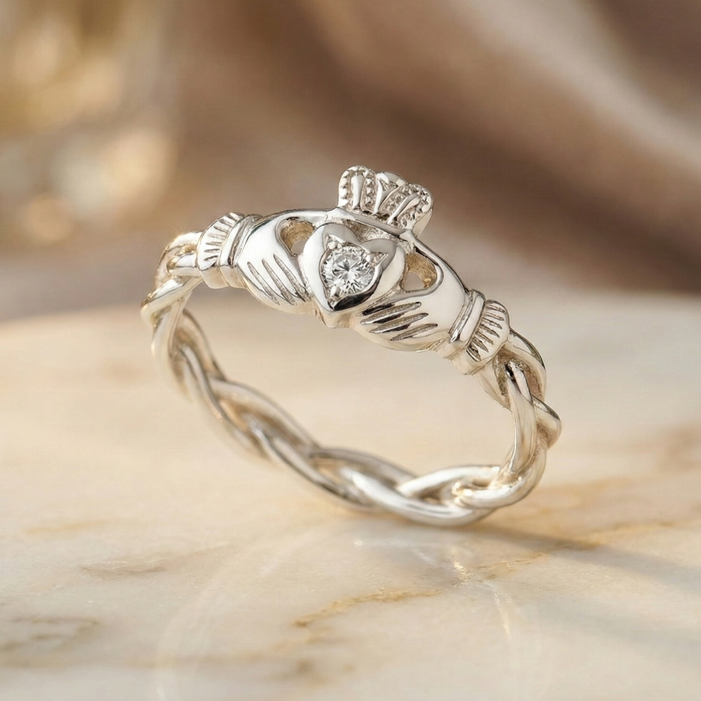 Silver Claddagh ring on a marble surface