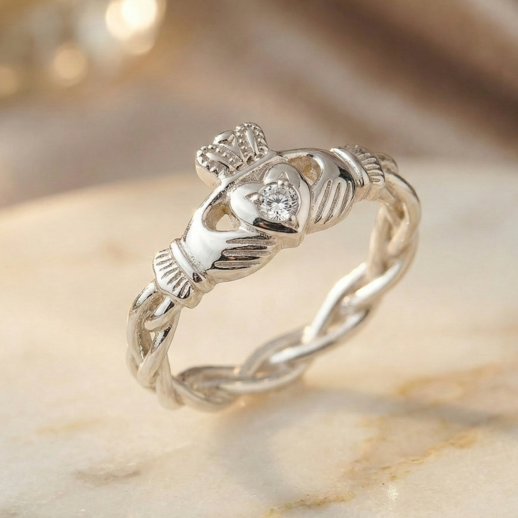 Silver Claddagh ring with a heart and hands on a beige marble background