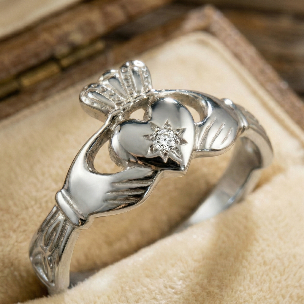 white gold Claddagh ring with a diamond on a beige fabric background