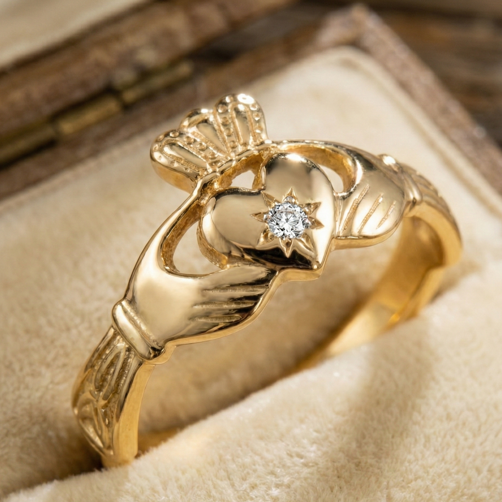 Gold Claddagh ring with a diamond on a beige cushion
