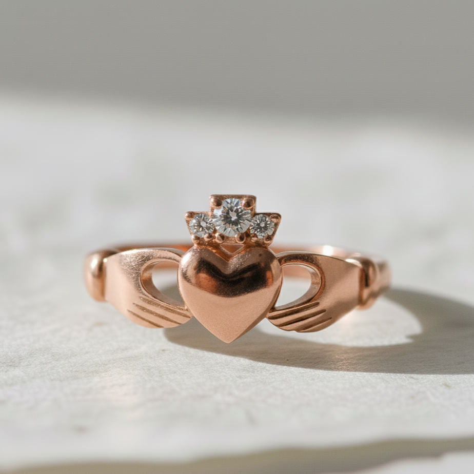 diamond claddagh ring rose gold
