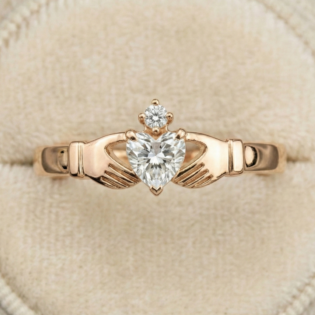 Rose gold claddagh ring with heart-shaped diamond on a beige background