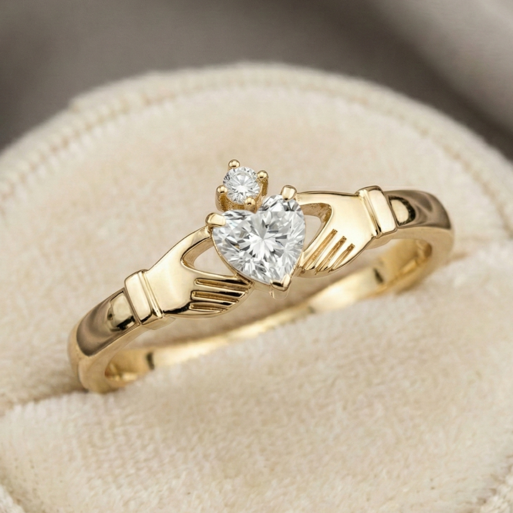 Gold claddagh ring with heart-shaped diamond on a beige cushion
