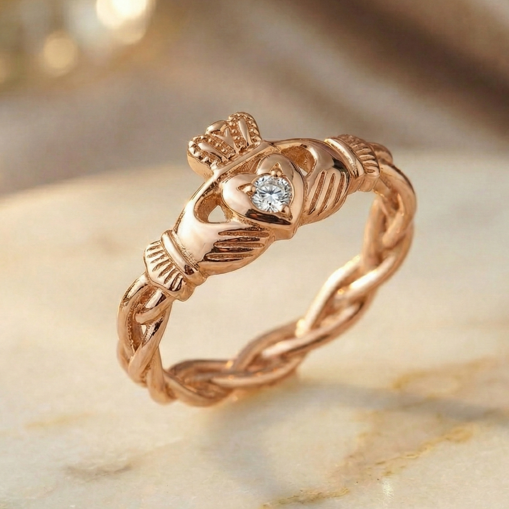 Rose gold ring with a diamond on a marble surface
