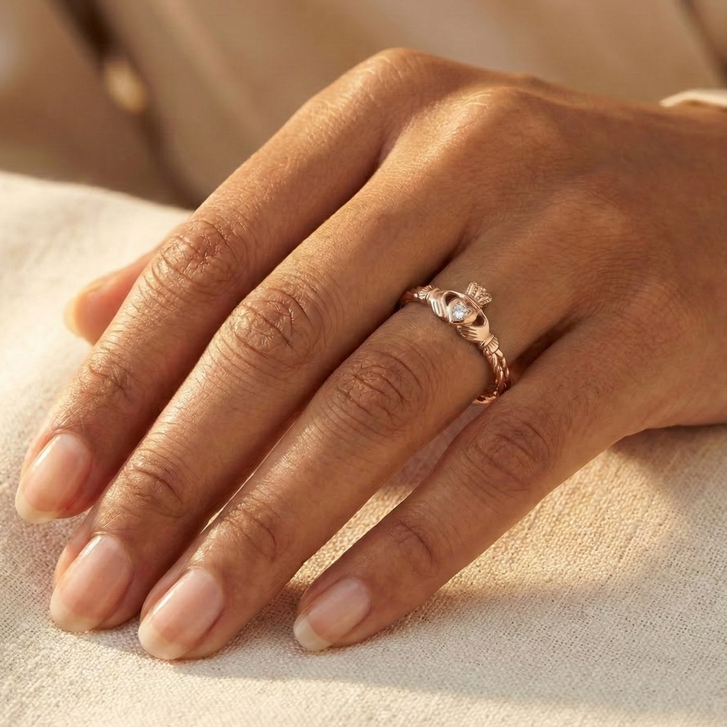Hand wearing a rose gold ring on a beige background