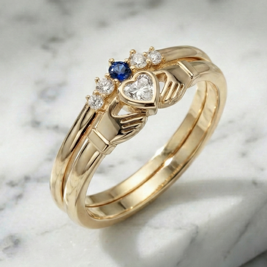 gold cladadgh ring with diamonds and sapphire