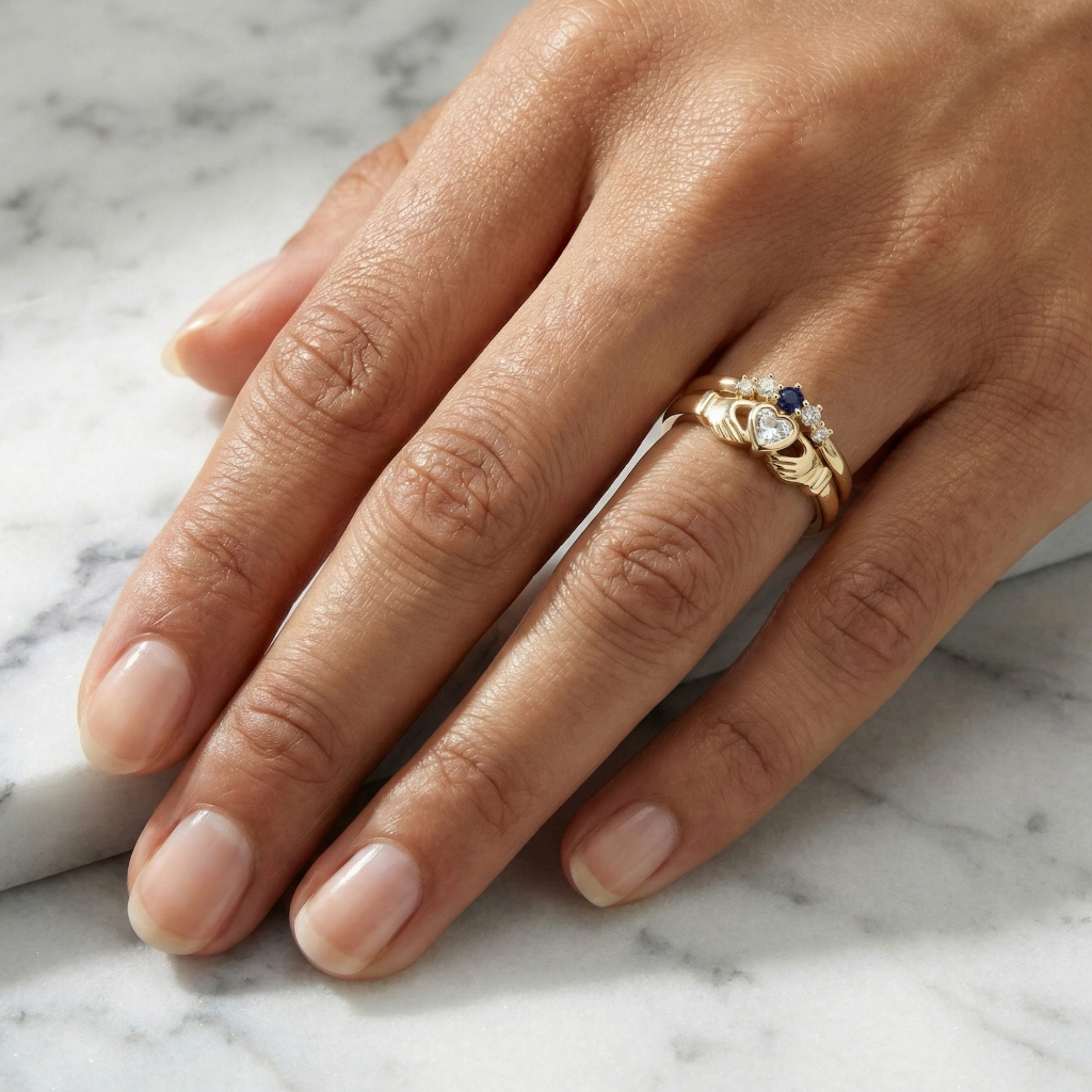 Hand wearing a gold claddagh ring with a blue gemstone on a marble surface