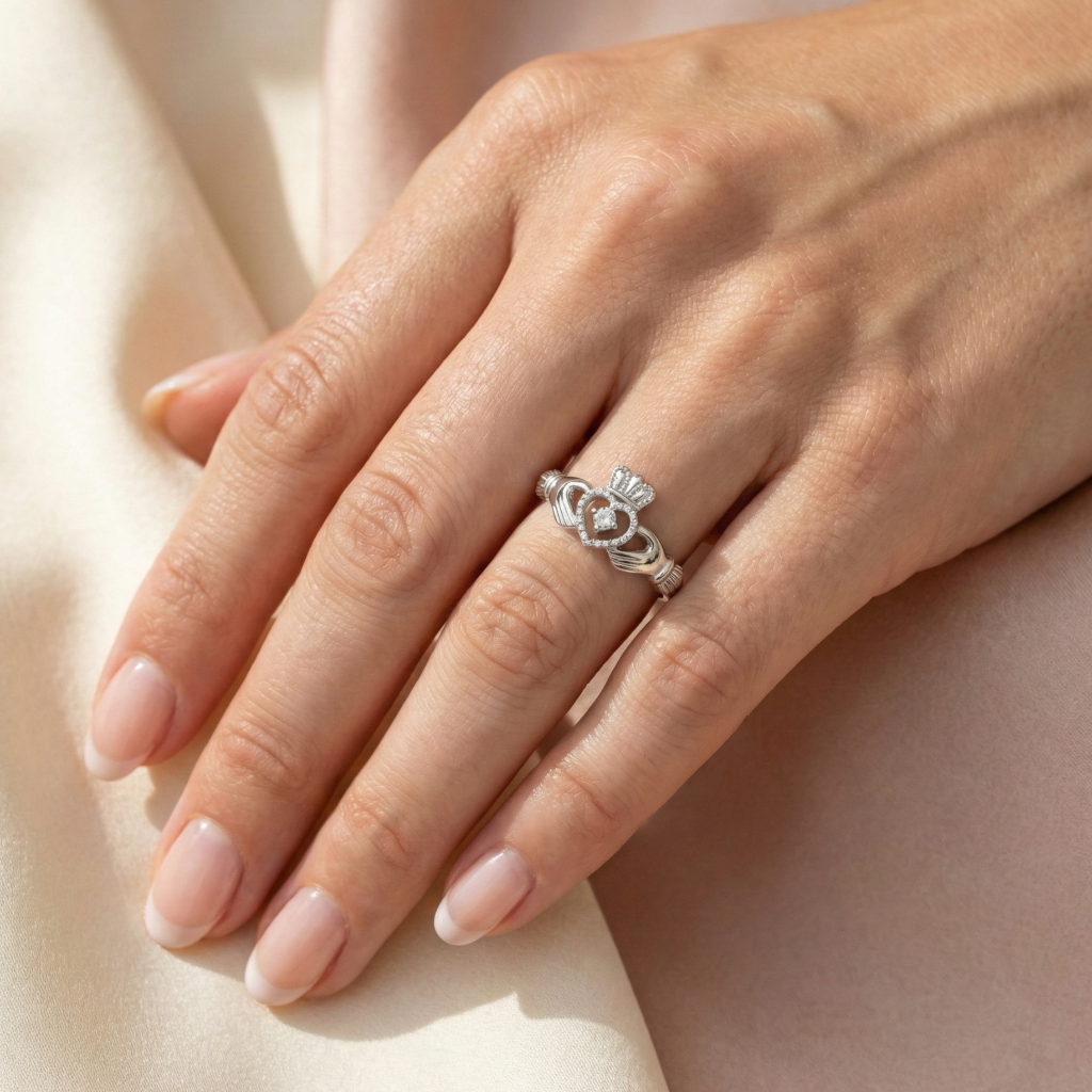 Hand wearing a silver ring with a claddagh design on a soft beige fabric background
