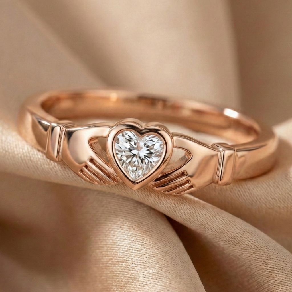 Rose gold cladadgh ring with a heart-shaped diamond on beige fabric