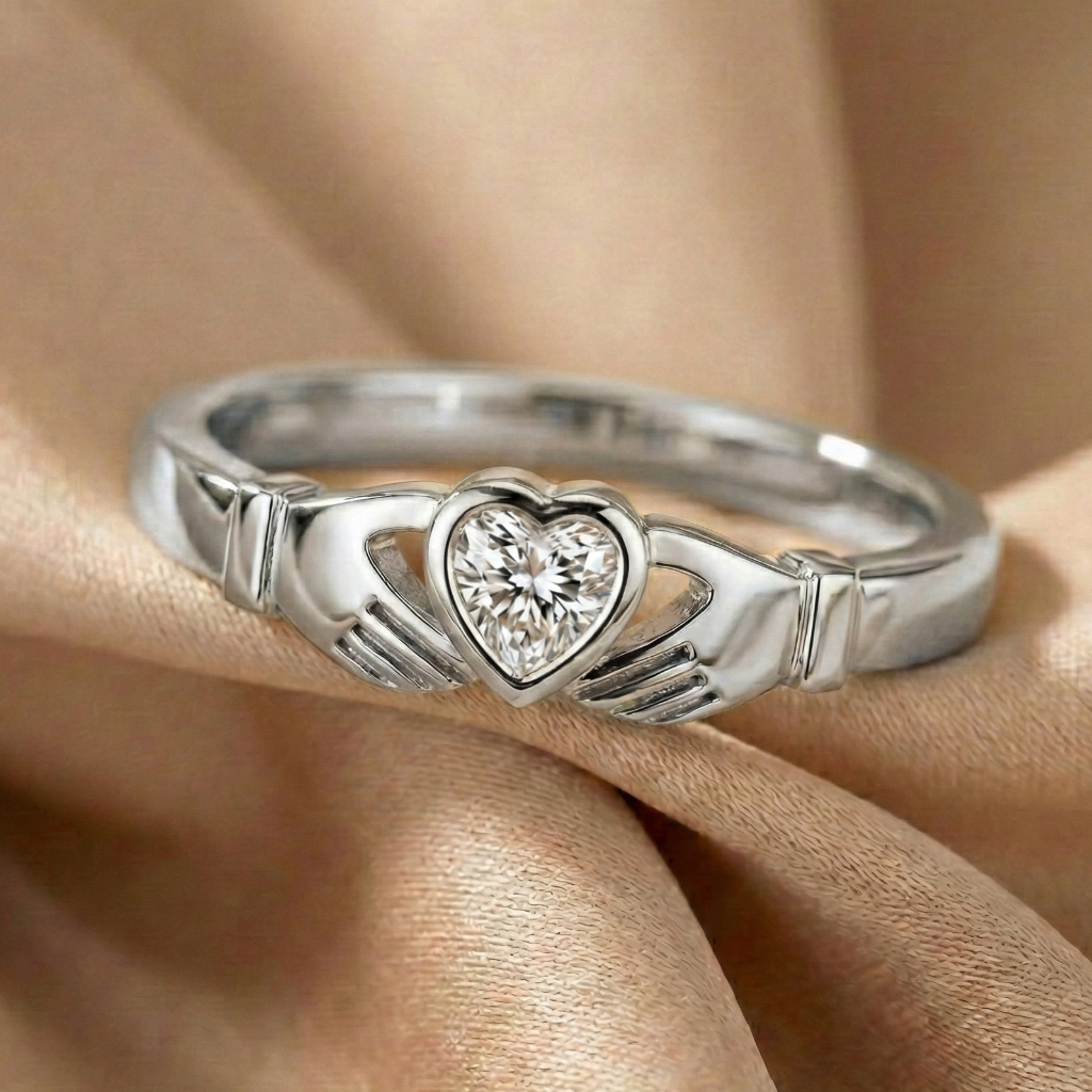 White gold claddagh ring with heart-shaped diamond on a beige fabric background