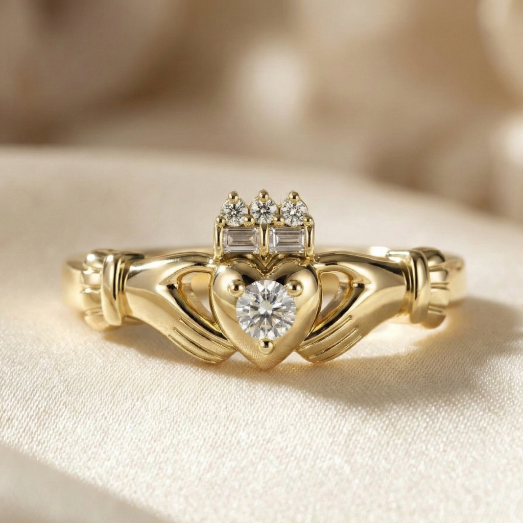 cladadgh ring with diamond accents on a beige fabric background