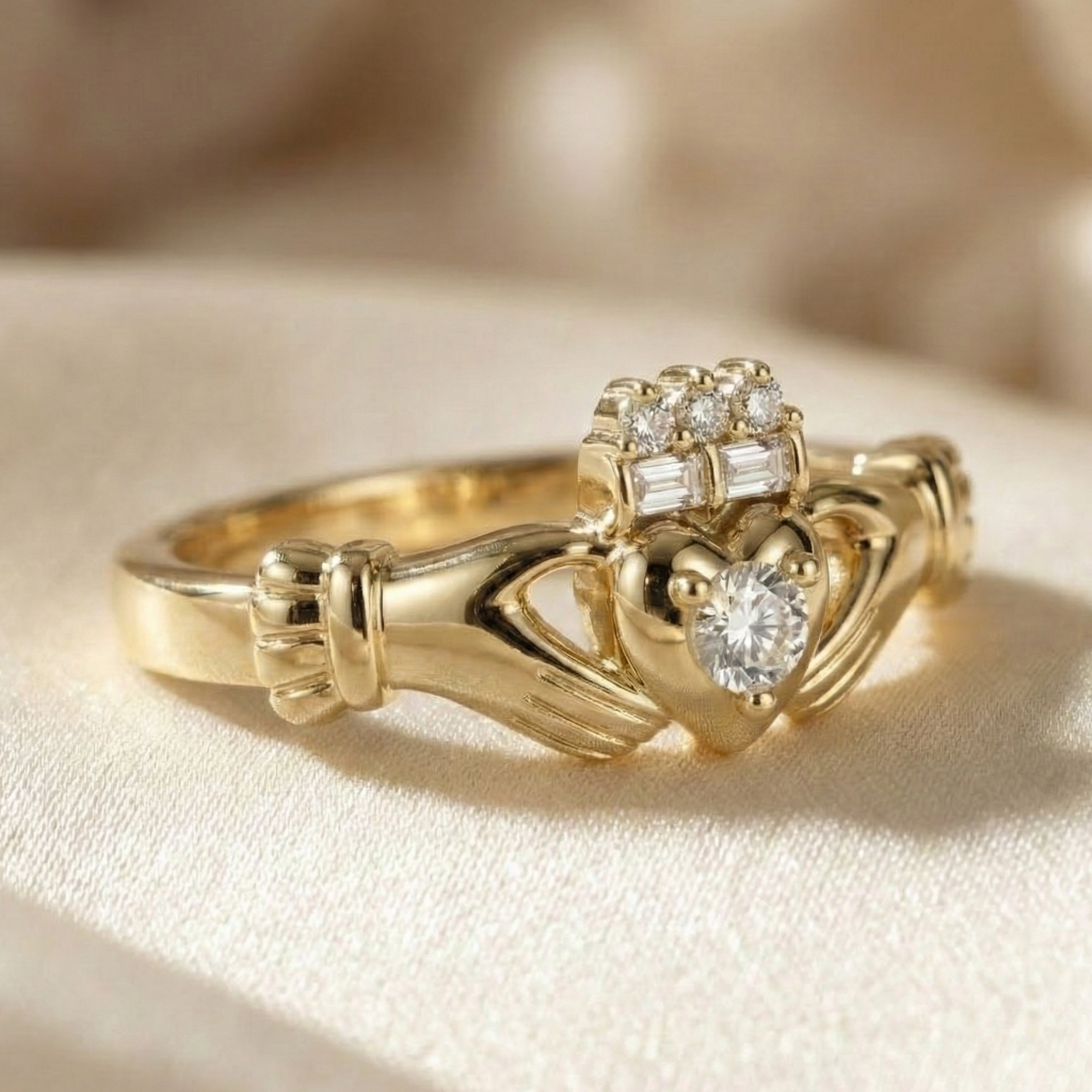  diamond claddagh ring design on a beige fabric background