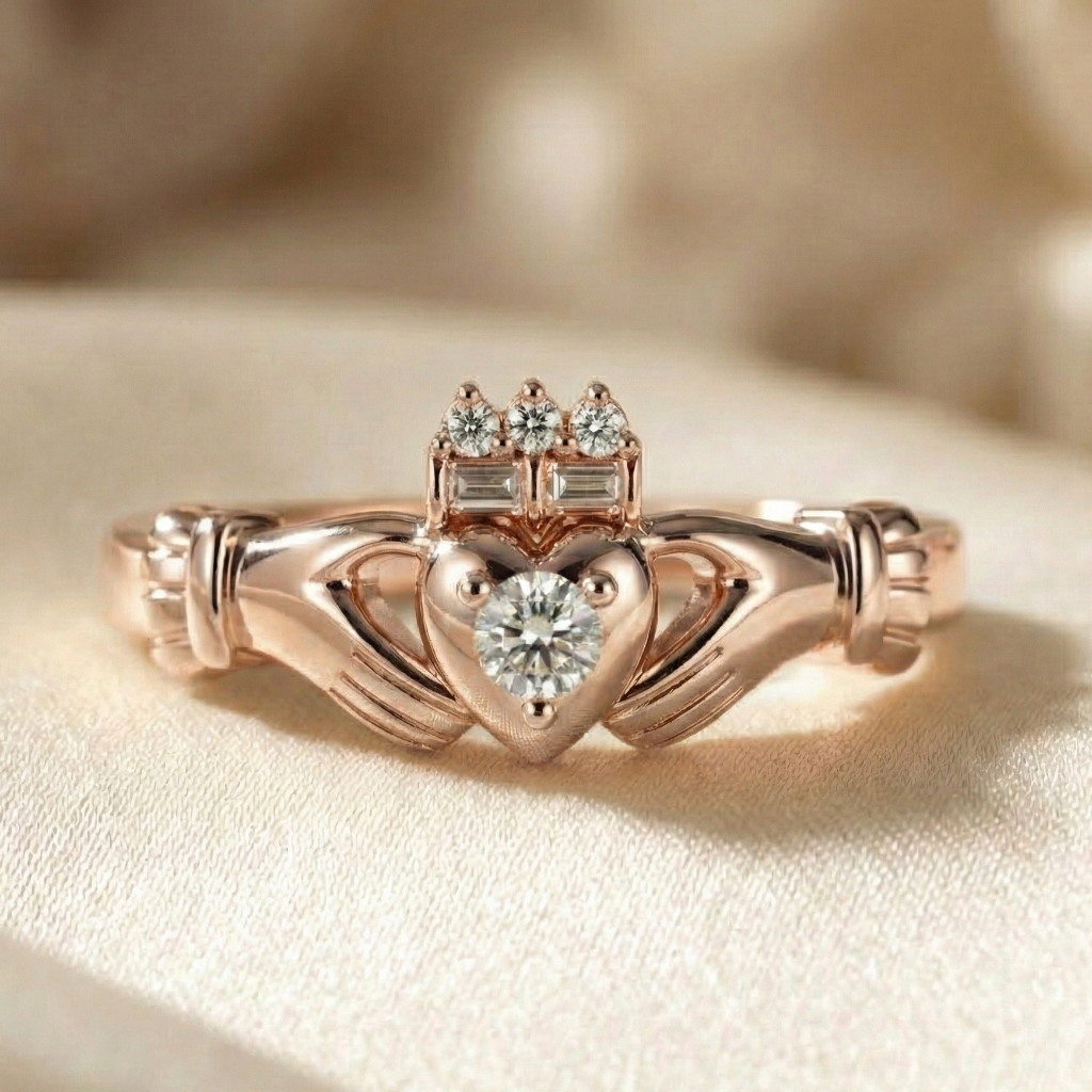 Rose gold claddagh ring with diamond accents on a beige background