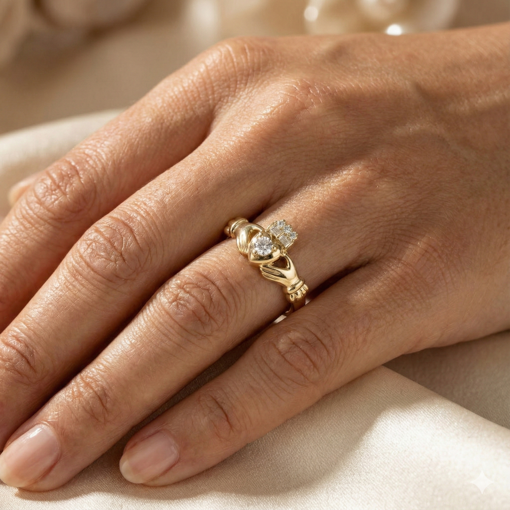 Close-up of a hand wearing a gold claddagh ring with a diamond on a beige background