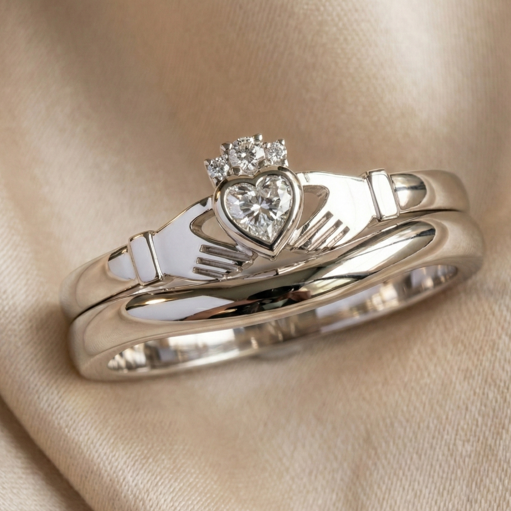 White Gold Claddagh ring with heart-shaped diamond on beige fabric