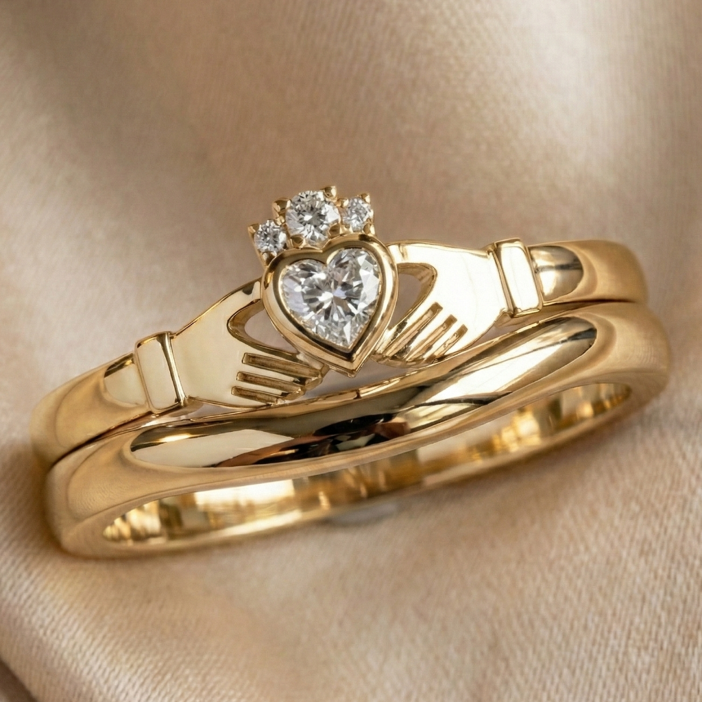 Gold claddagh ring with heart-shaped diamond and hand design on beige fabric