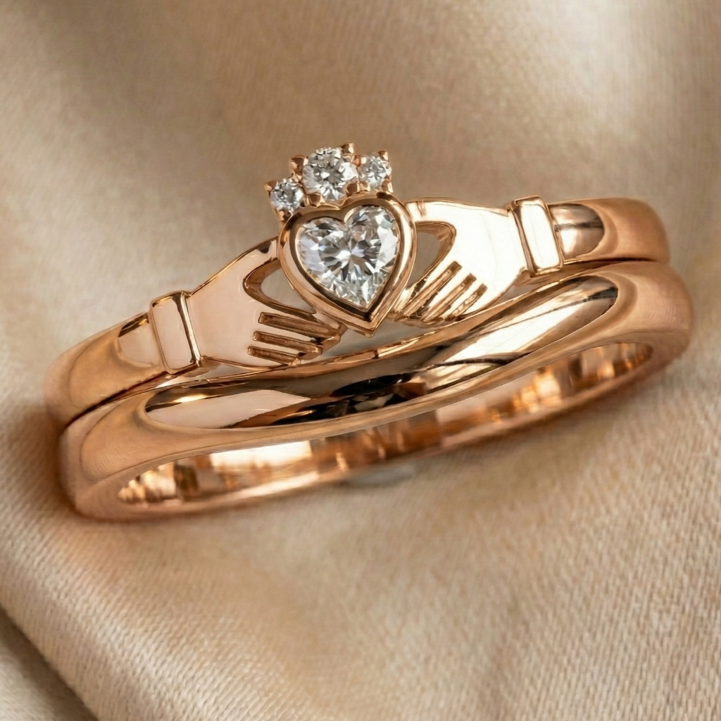 Rose gold claddagh ring with heart-shaped diamond on a beige fabric background