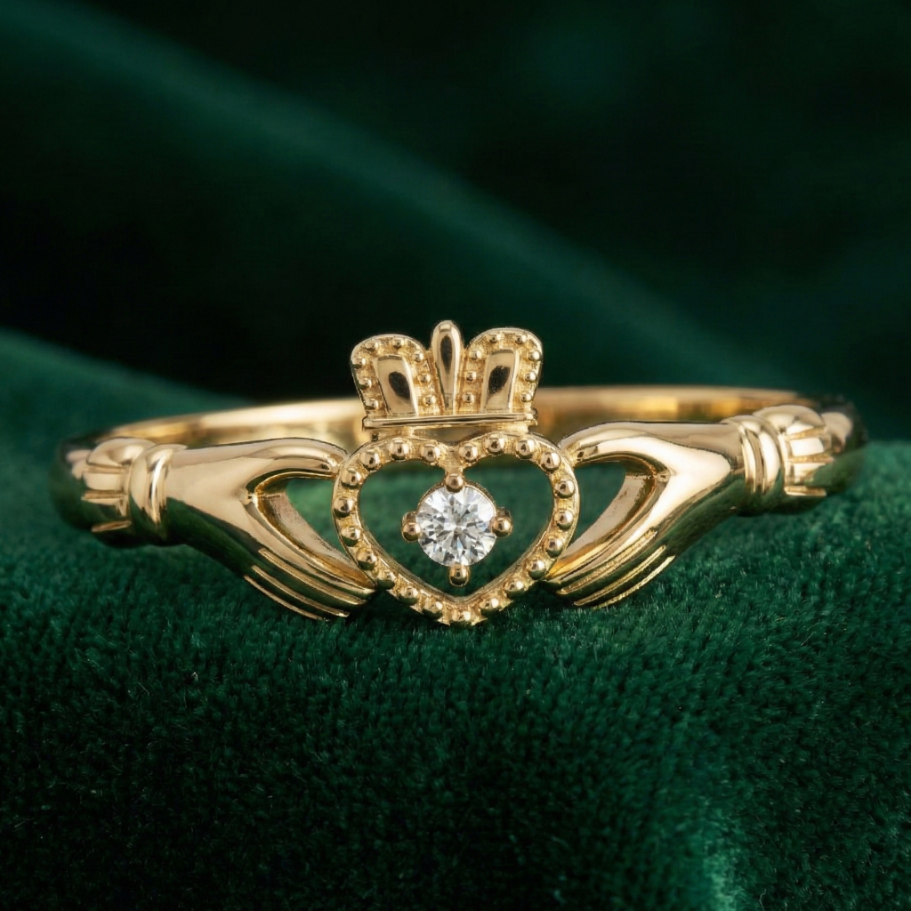 Gold claddagh ring with a diamond on a green fabric background
