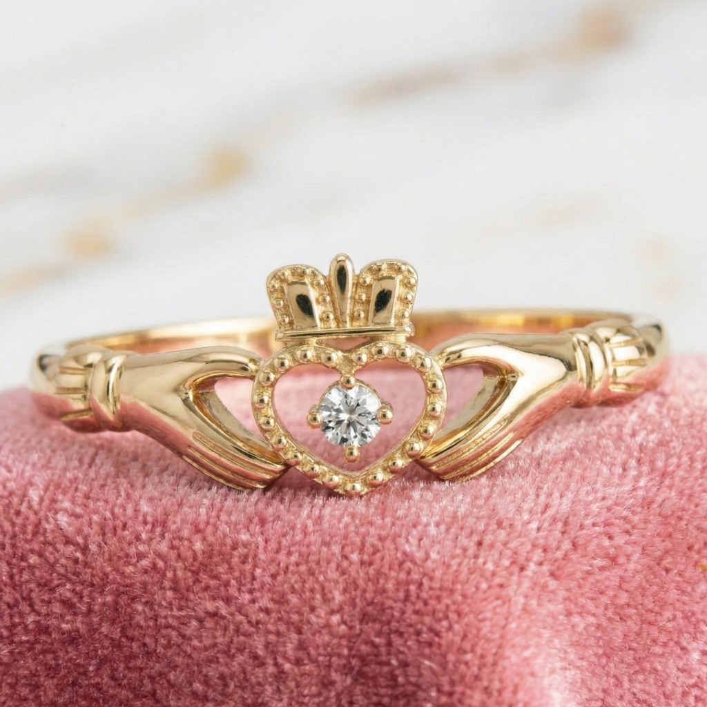 Gold claddagh ring with a heart and crown design on a pink surface