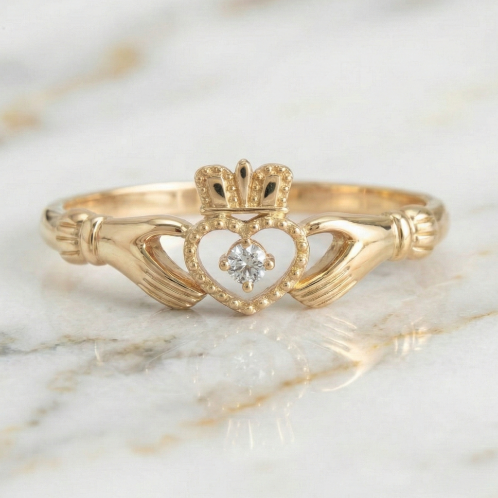 Gold claddagh ring with heart and crown design on a marble surface