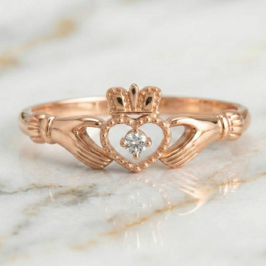 Rose gold claddagh ring with heart and crown design on a marble surface