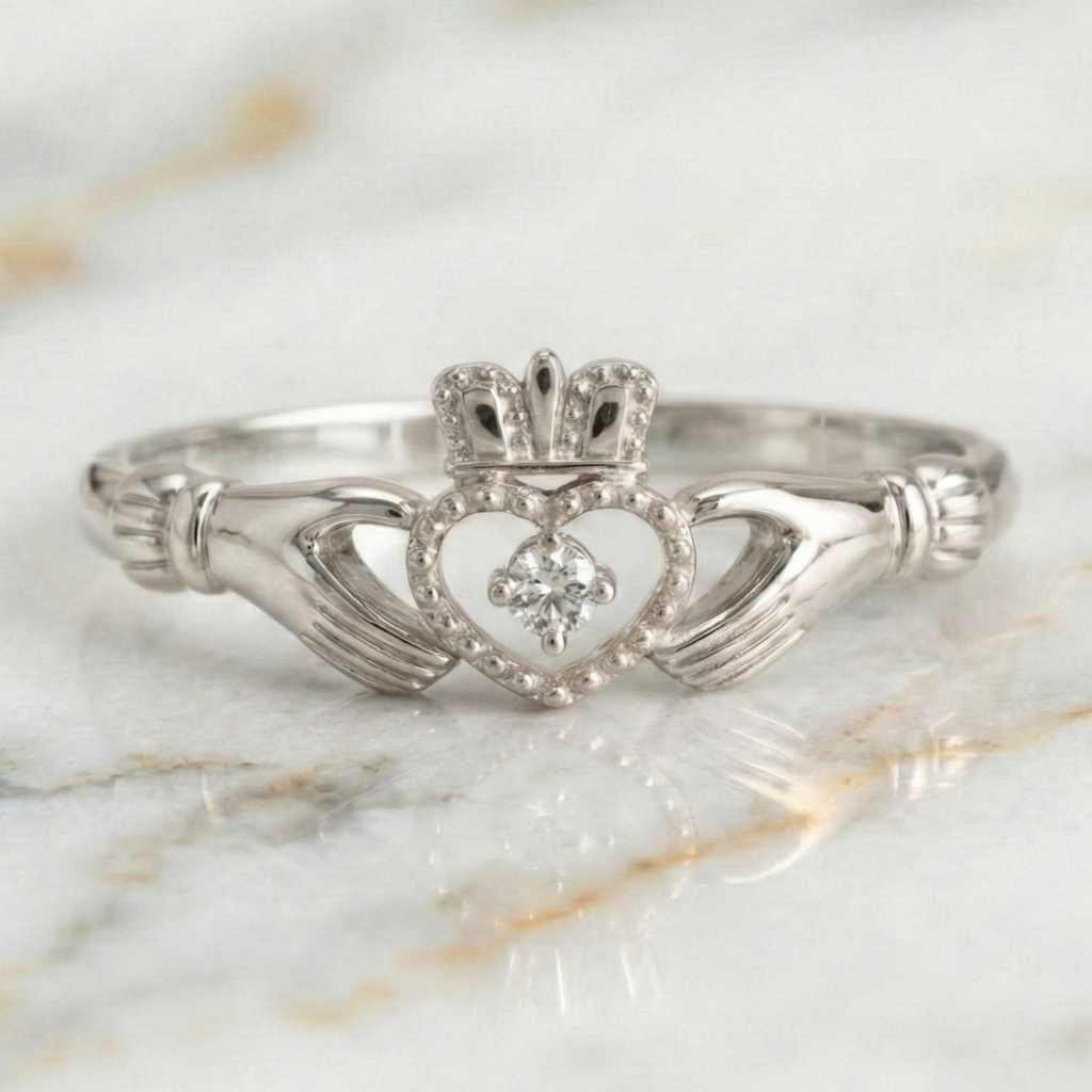 Silver claddagh ring with a diamond on a marble surface