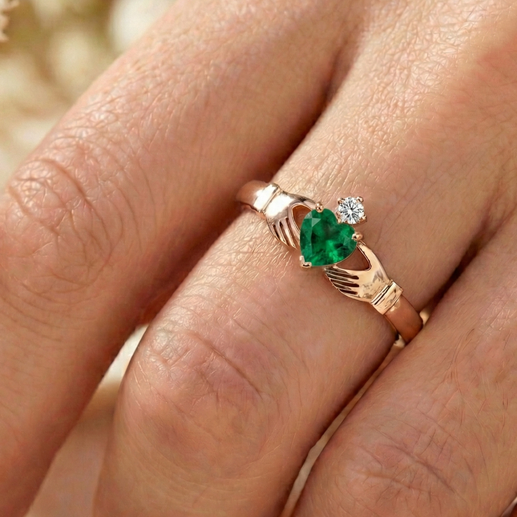 Rose gold cladadgh ring with emerald and diamond on a hand