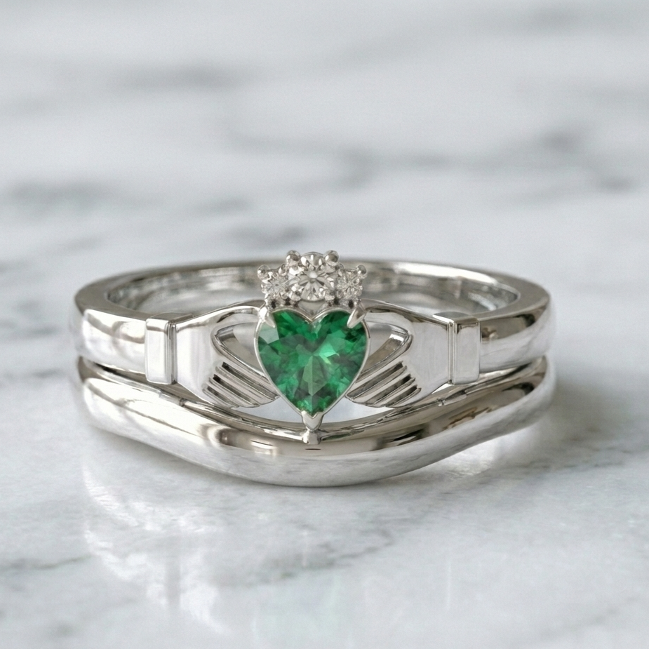 emerald claddagh ring white gold
