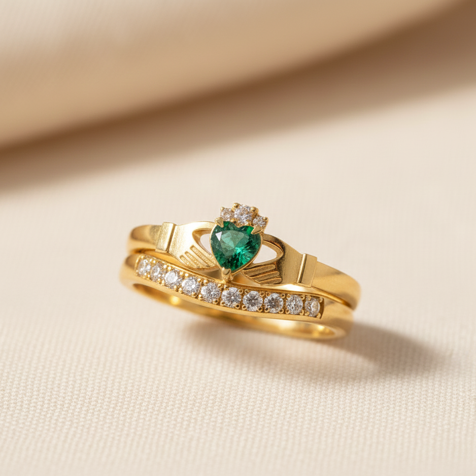 gold claddagh ring diamond and emerald 