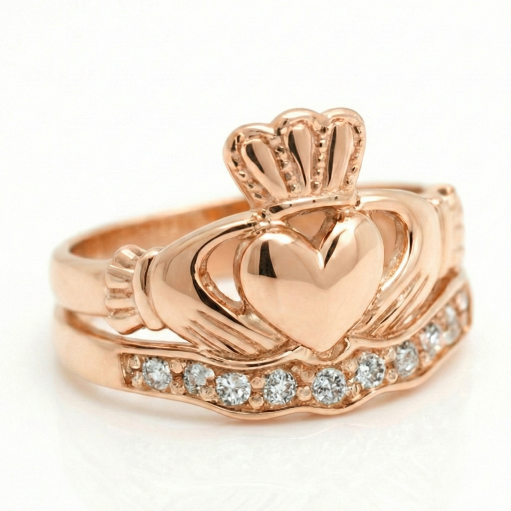 Rose gold claddagh ring with heart design and diamond accents on a white background