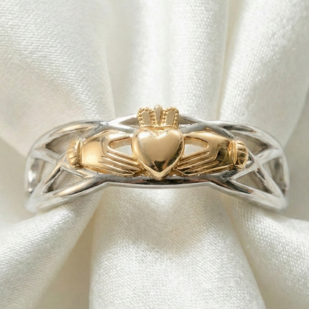 Gold and silver Claddagh ring on a white fabric background