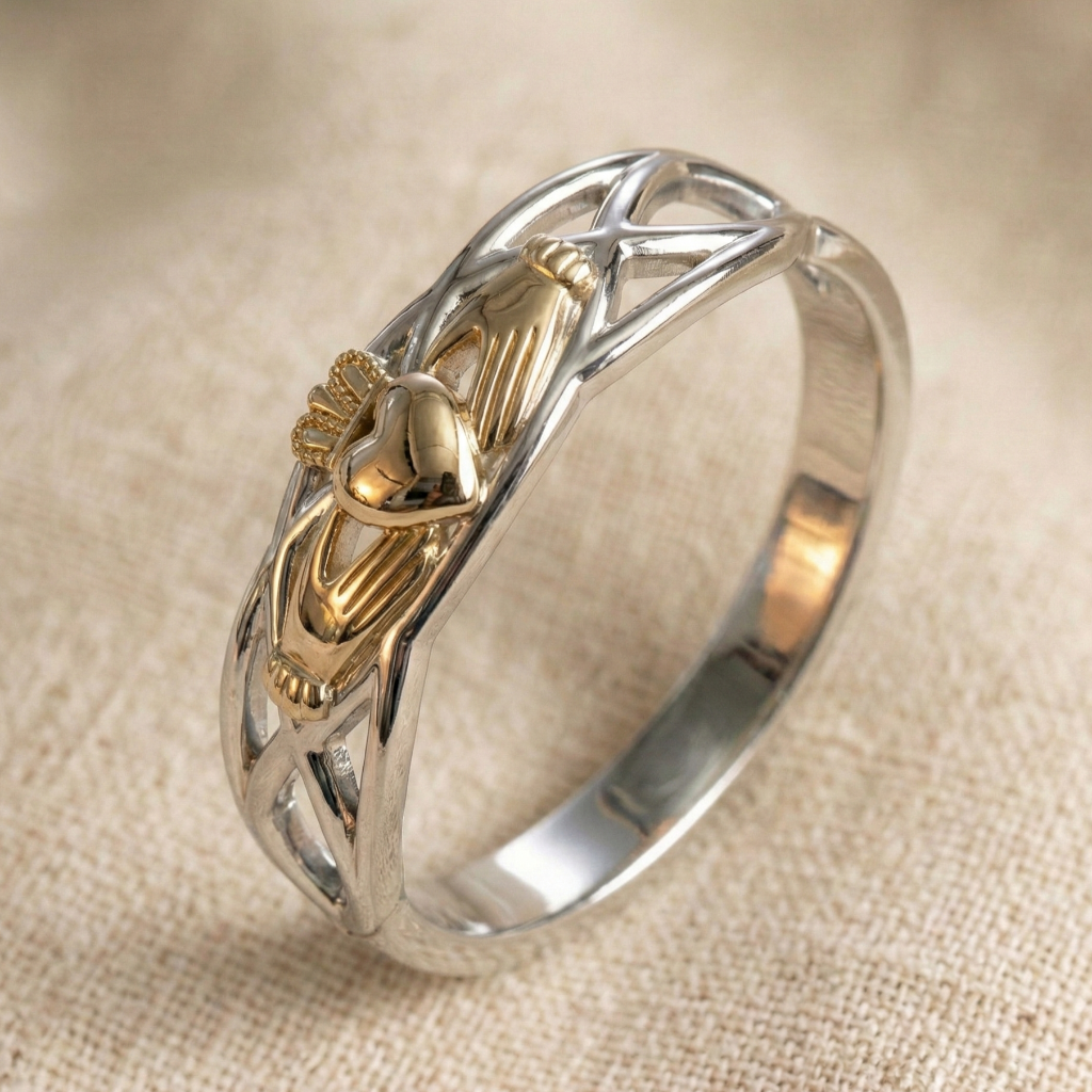 two tone claddagh ring on celtic rope band