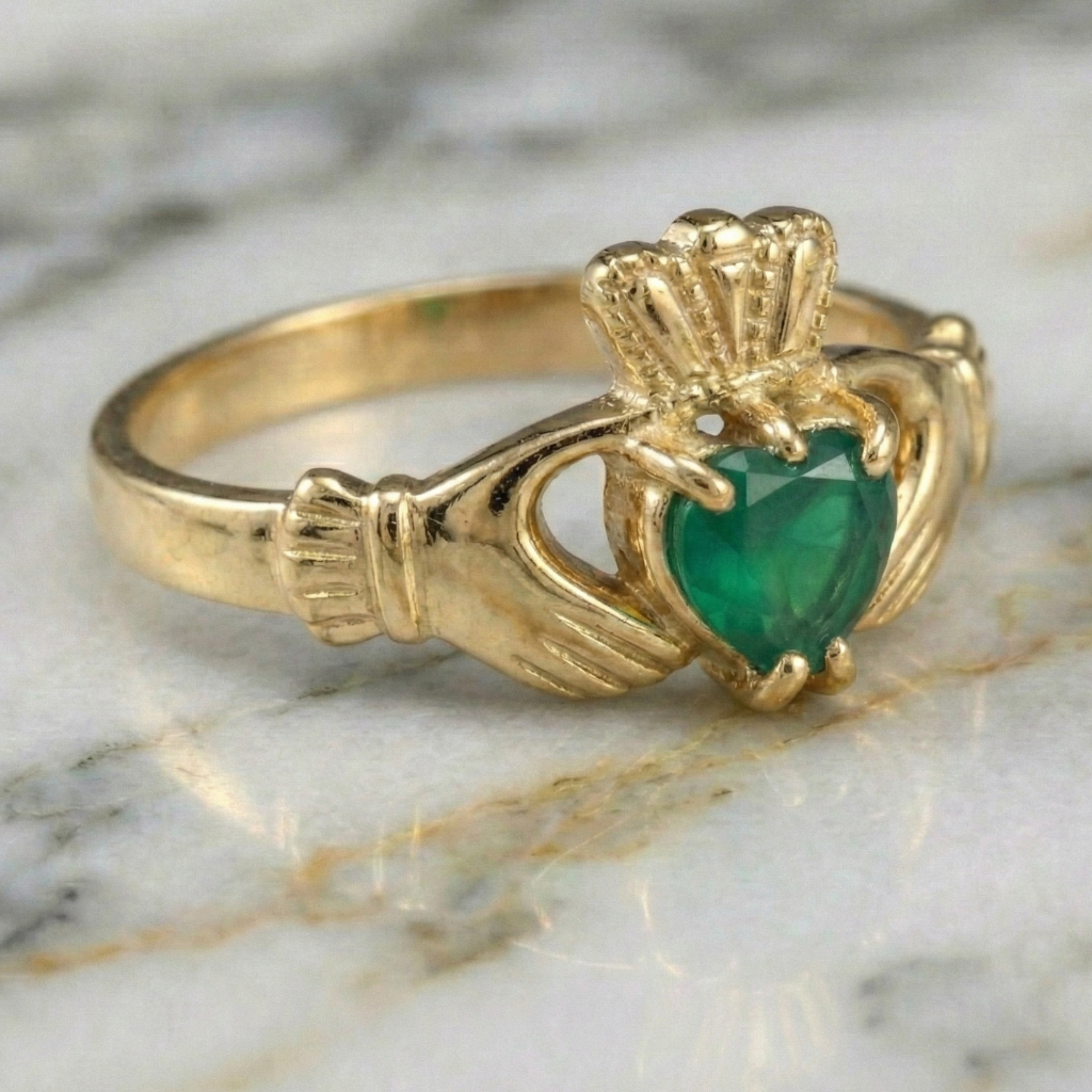 Gold Claddagh ring with a green gemstone on a marble surface