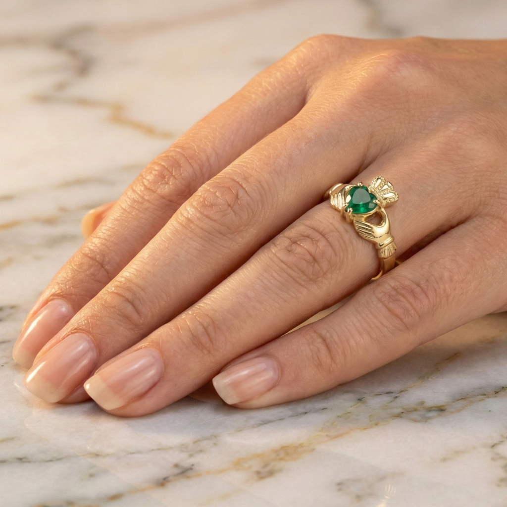 Gold claddagh ring with a green gemstone on a hand against a marble background
