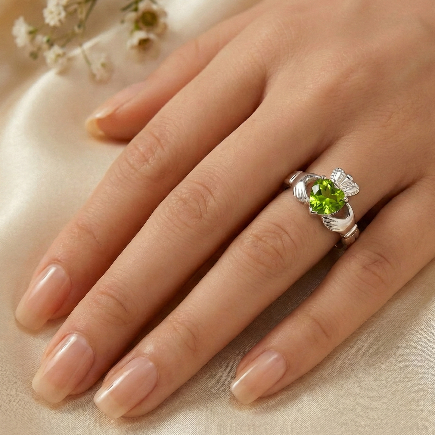 Claddagh ring, ladies green Peridot claddagh ring