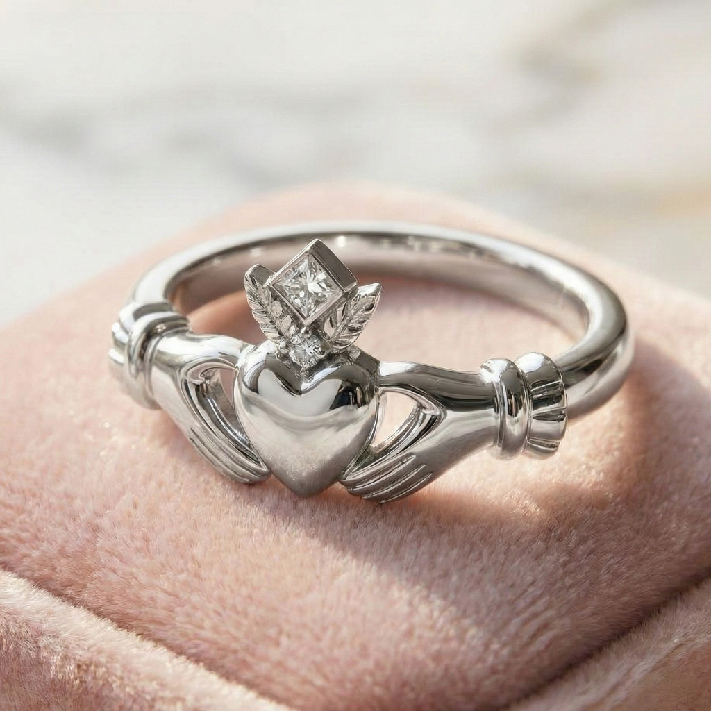 White gold Claddagh ring with a diamond