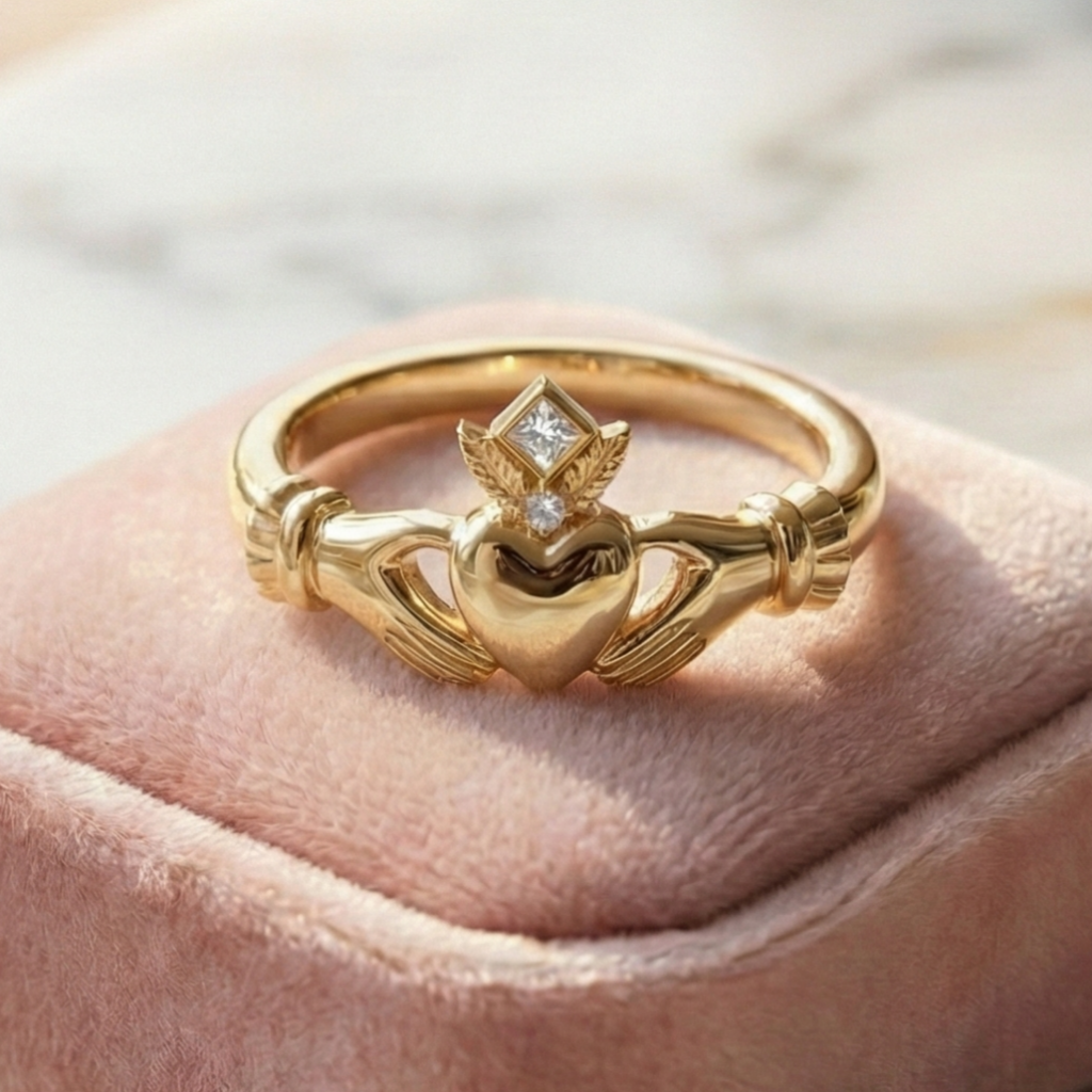 Gold claddagh ring with heart and diamond design on a soft pink fabric background